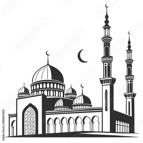Islamic mosque with domes and minarets crescent moon architecture building