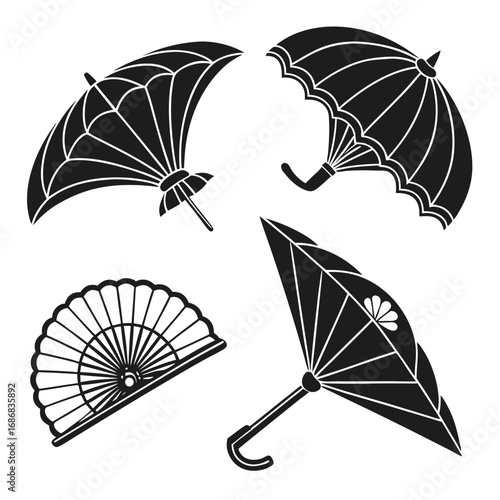 Japanese fans and umbrellas black silhouette folding umbrella traditional