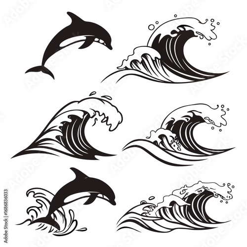 Leaping dolphins and crashing ocean waves jumping