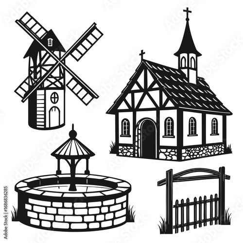 Medieval village elements windmill church well fence vector