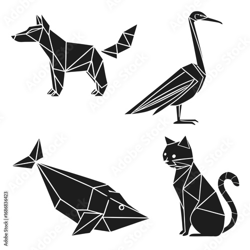 Origami fox crane fish cat silhouettes vector