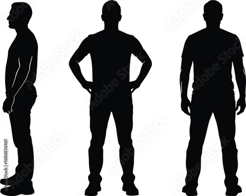 Silhouette illustration of three standing men in casual clothing with different poses, side and front view, isolated vector design.