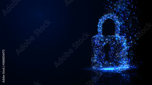 Digital lock formation, symbolizing cybersecurity and data protection in a dark background illuminated by blue particles during the night
