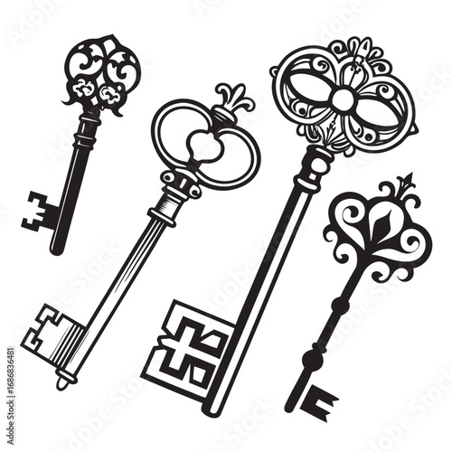 Ornate antique door key silhouettes black and white antique keys ornate keys