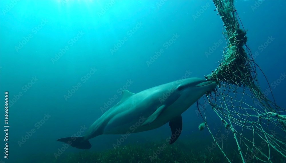 Obraz premium Dolphin entangled in plastic net underwater