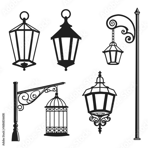 Ornate black lantern and candle holder silhouettes vector