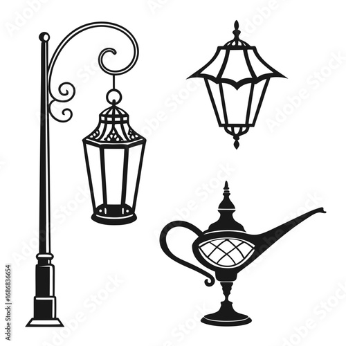 Ornate black silhouettes of four traditional lamps oil lamp street lamp
