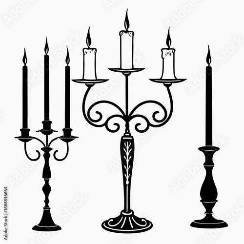 Ornate candelabra and single candle silhouettes flame