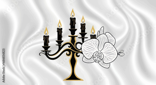 Elegant Black Candelabra with Five Lit Candles and Orchid Flower.