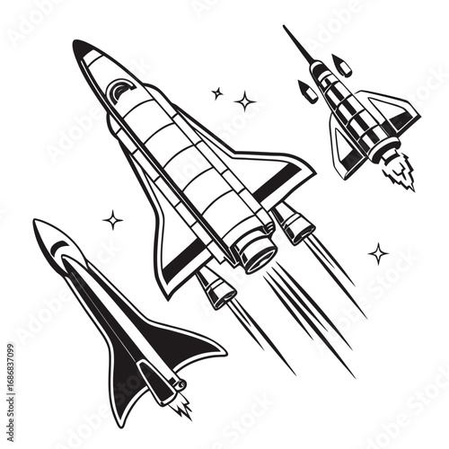 Retro spacecrafts soaring through starry void rocket shuttle