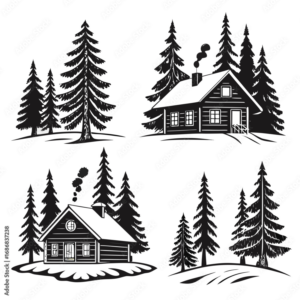 Obraz premium Rustic cabins nestled among pine trees house winter