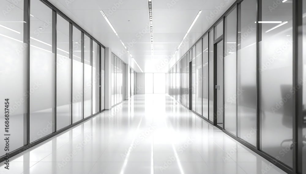Fototapeta premium Modern Office Hallway with Glass Walls and Natural Light