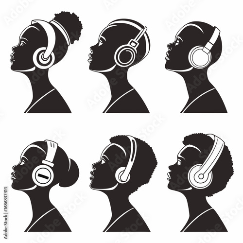 Six black and white silhouettes of women wearing headphones woman earbuds