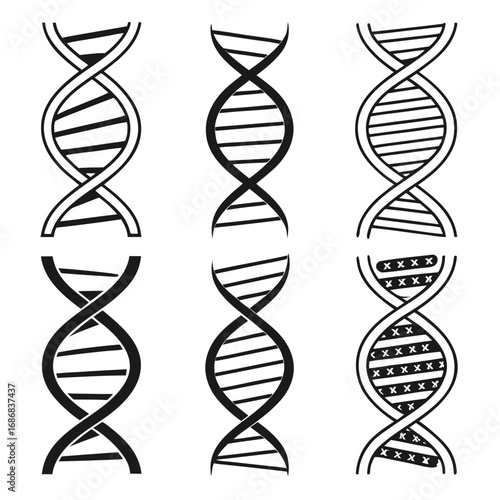 Six black dna helix silhouettes with varied internal patterns white