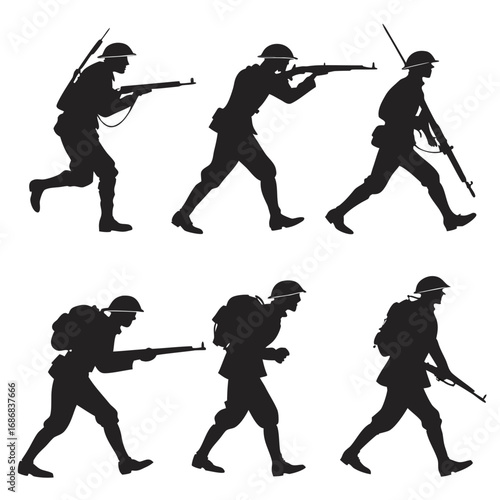 Six marching soldiers with rifles and helmets military army