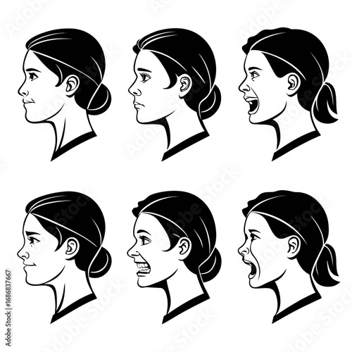 Six female profile faces expressing emotions woman silhouette