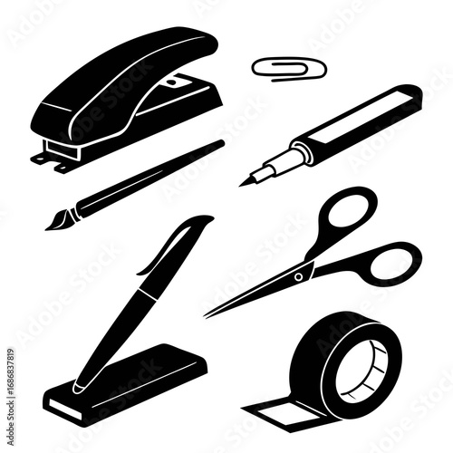 Stapler paperclip pen scissors tape brush marker vector