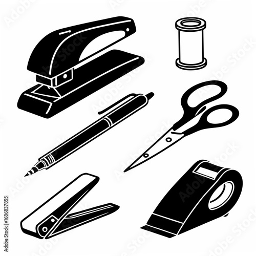 Stapler pen scissors tape spool silhouettes vector