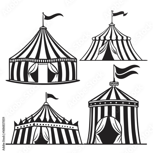 Striped circus tents with flags striped tents black and white