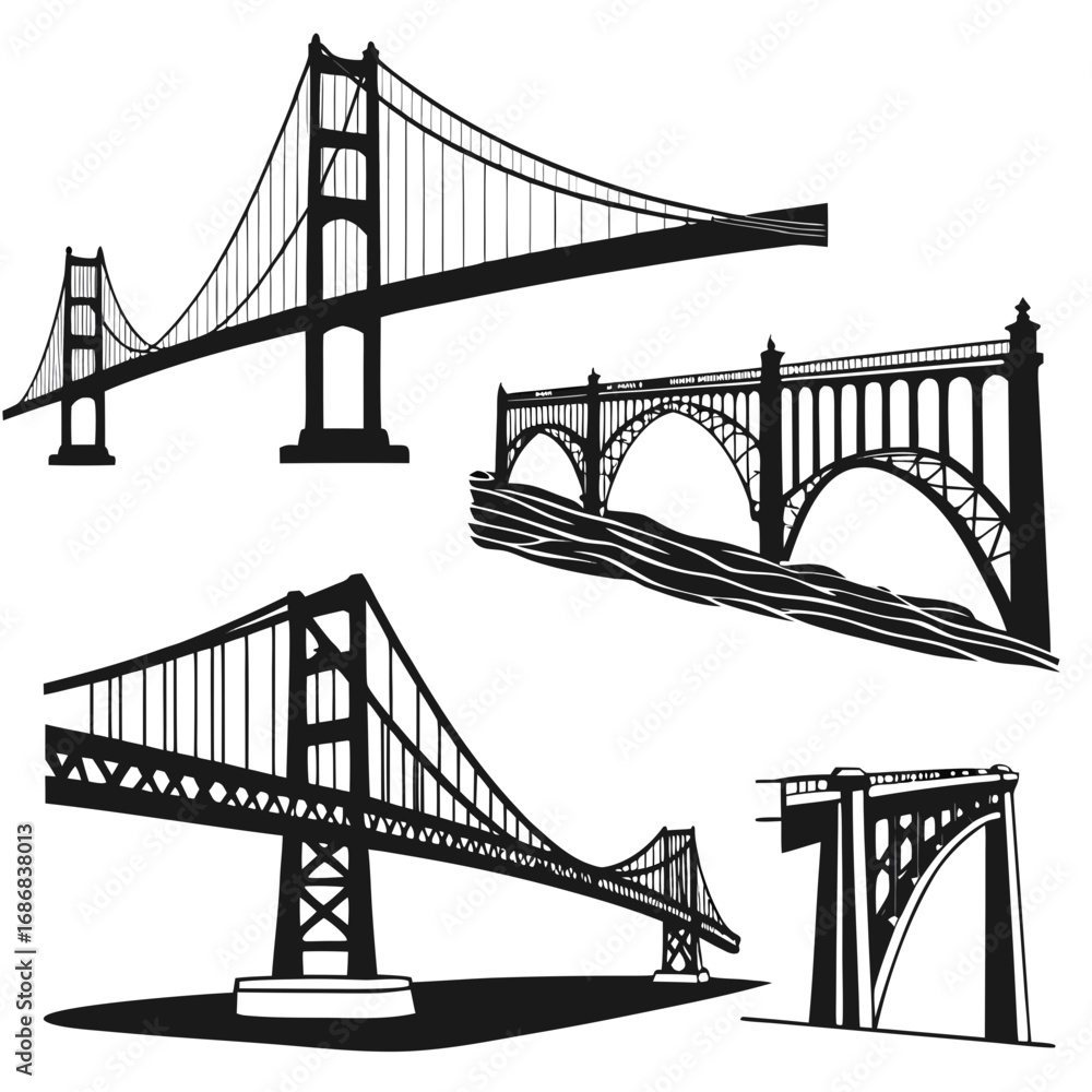 Fototapeta premium Suspension arch and truss bridge silhouettes suspension bridge arch bridge