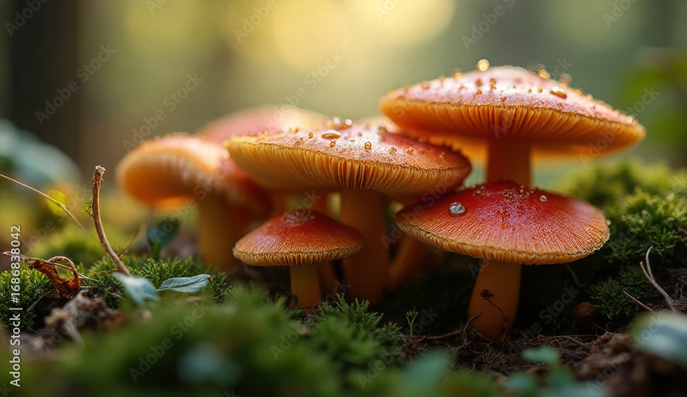 Fototapeta premium Bright orange-red mushrooms on forest floor, covered with dew, smooth caps illuminated by sunlight, yellow stems above moss and greenery – perfect for nature, autumn, and forest visuals