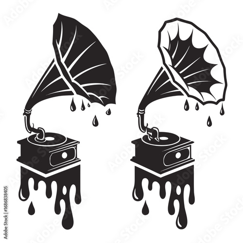 Vintage gramophone dripping liquid shapes antique music