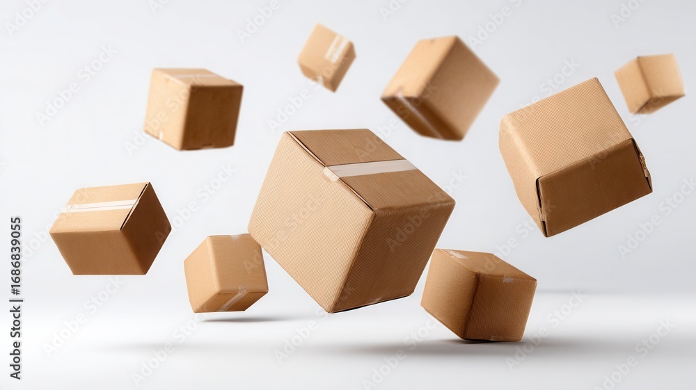 Fototapeta premium Four closed cardboard boxes taped shut are floating against a white background, creating a dynamic of image shipping and delivery