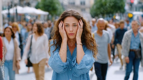 Professional woman experiencing workplace stress, covering face while standing amid blurred city crowds, challenge mental health signaling