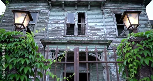 Creepy abandoned haunted house with overgrown vines and broken windows.