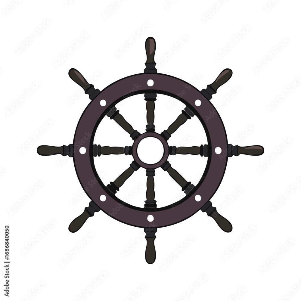 Obraz premium Dark brown ship wheel with eight handles nautical marine