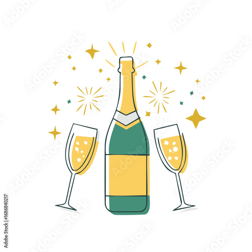 Festive champagne bottle and glasses with sparkling stars celebration party