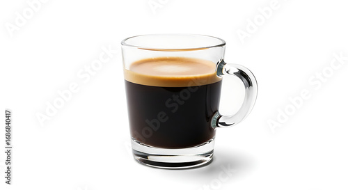 A tall clear glass mug filled with dark rich espresso coffee topped with a creamy golden crema on a white background