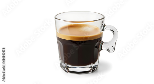 A tall clear glass mug filled with dark rich espresso coffee topped with a layer of golden crema on a white background
