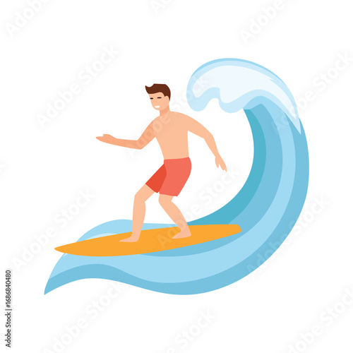 Man surfing on orange board blue wave surfer ocean