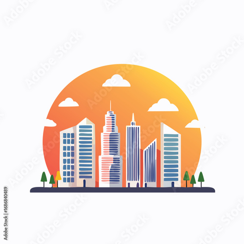 Modern city skyline with orange sunset and clouds buildings skyscrapers