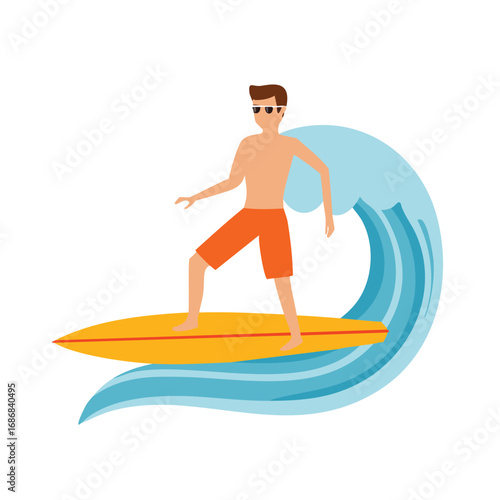 Man surfing on yellow board with red stripe on blue wave surfer surfboard