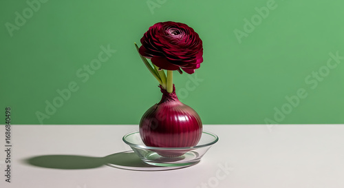 A single deep red ranunculus flower emerges from a red onion in a clear glass dish on a white surface with green background