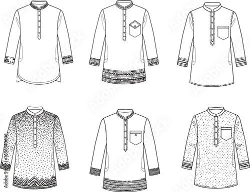 Collection of men's kurta shirt flat sketches with decorative collar and cuffs