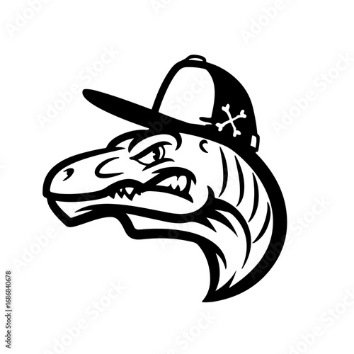 Grumpy dinosaur with baseball cap cool mascot design for apparel and branding