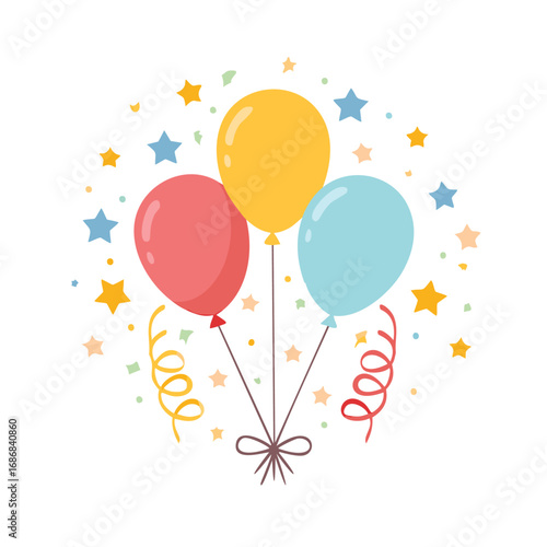 Red yellow blue balloons with stars and confetti red balloon yellow balloon