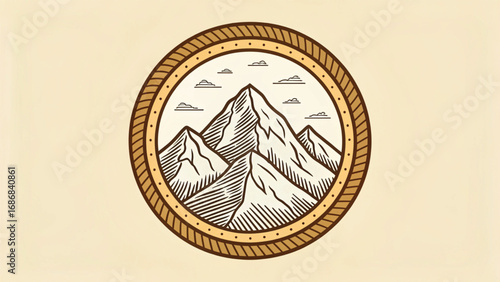 Mountain Landscape Illustration in Circular Frame mountains