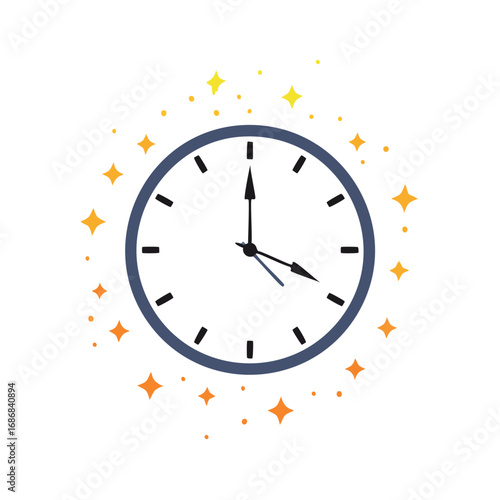 Round clock with dark blue border and orange yellow sparkles time dial