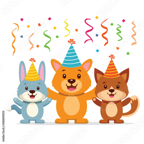 Three cartoon animals wearing party hats and celebrating with confetti celebration