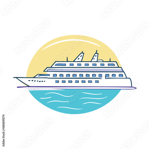 White cruise ship with blue windows sailing on blue water under yellow sky ocean liner
