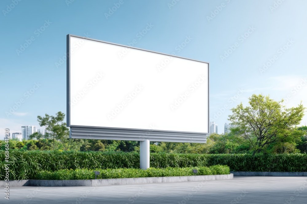 Obraz premium Empty billboard mock up with white screen in urban park surrounded by lush greenery and trees, providing ample space for advertising or design purposes