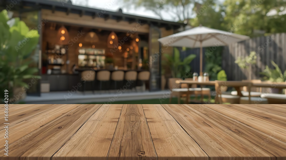 Obraz premium Rustic Wooden Table with Defocused Cocktail Bar | Summer Lifestyle, Restaurant Branding, and Marketing Mockup