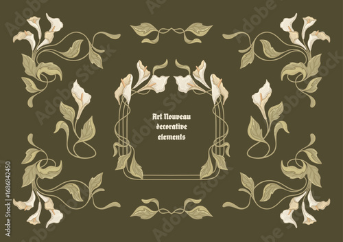 Art Nouveau floral frames, corners, and borders. Vector.
