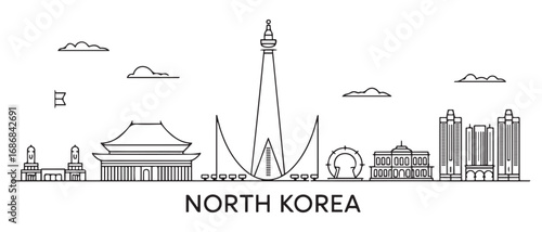 North Korea Line Art skyline. Travel North Korea famous landmarks. Business and tourism concept for presentation, banner, web site. with white background