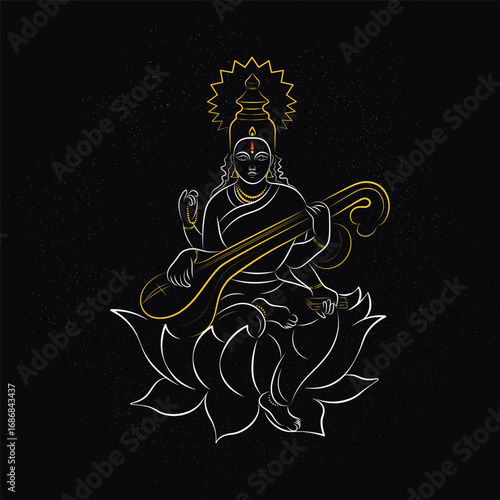 Vasant Panchami and Saraswati Puja festival line art on dark background.
