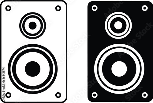 Modern audio speaker icons in black and white, representing sound and music technology.